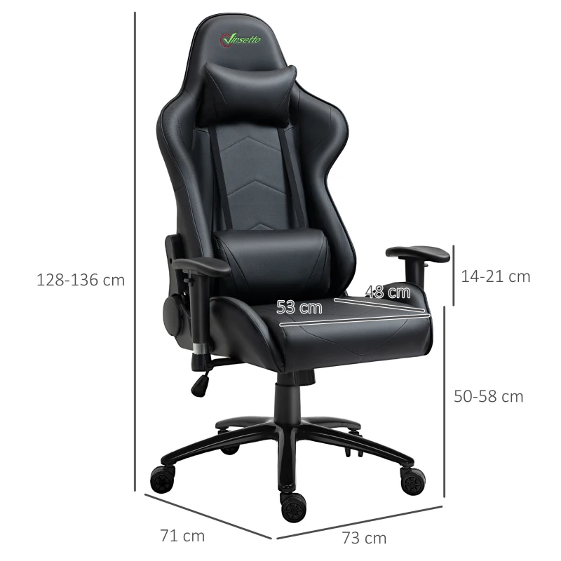 Vinsetto Cadeira de Gaming Ergonômica Giratória com Altura Ajustável Apoio para os Braços Apoio para a Cabeça e Almofada Lombar Couro Sintético 73x71x128-136cm Preto