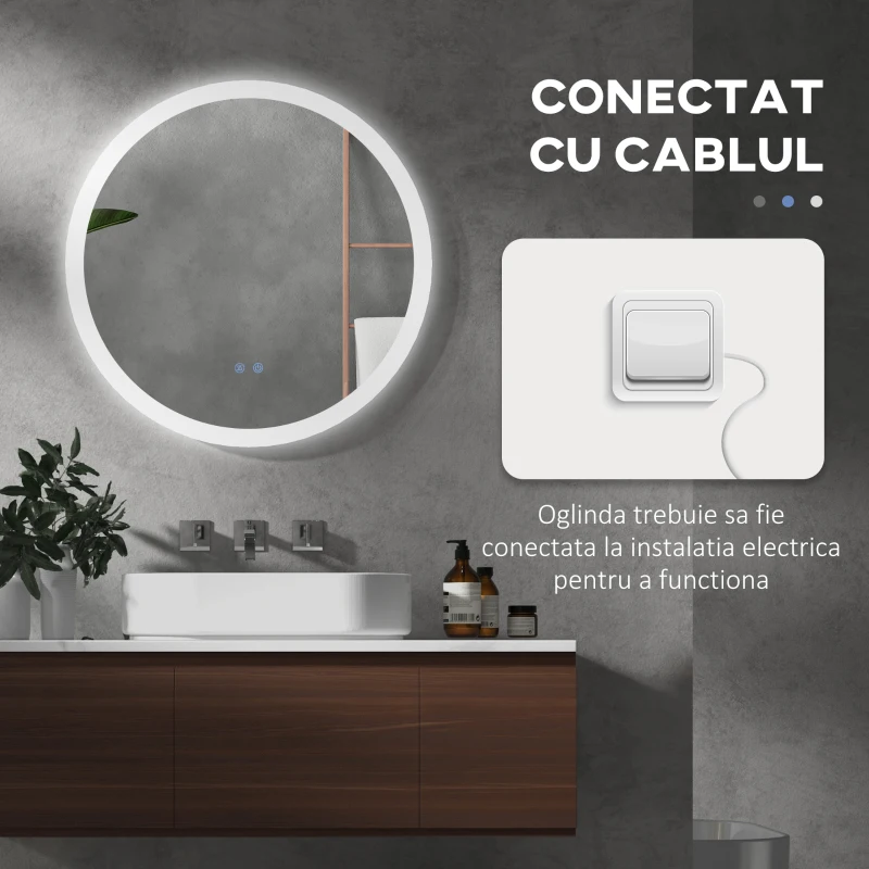 Kleankin Oglindă de baie LED rotundă, 70x70cm, cu dezaburire, funcție memorie și 3 temperaturi de lumină reglabilă