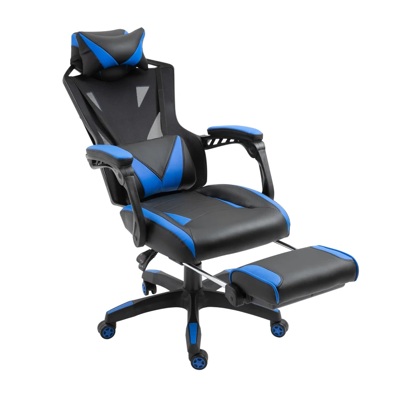 Vinsetto Cadeira Gaming Ergonómica Cadeira Gaming para Escritório com Altura Ajustável Encosto Regulável Almofada Lombar Apoio para os Pés Retráteis 65x70x117-125cm Azul