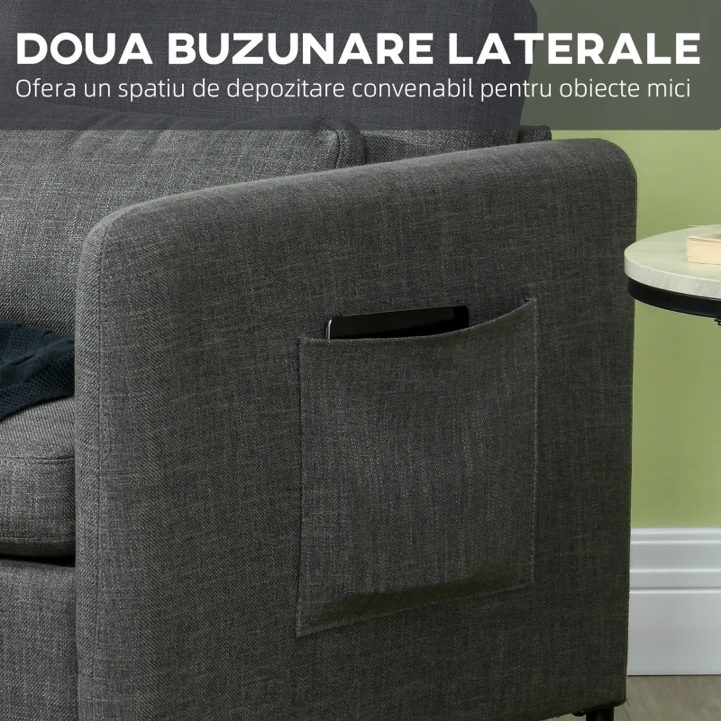 HOMCOM Fotoliu gri inchis din stofa cu captuseala groasa & buzunare laterale