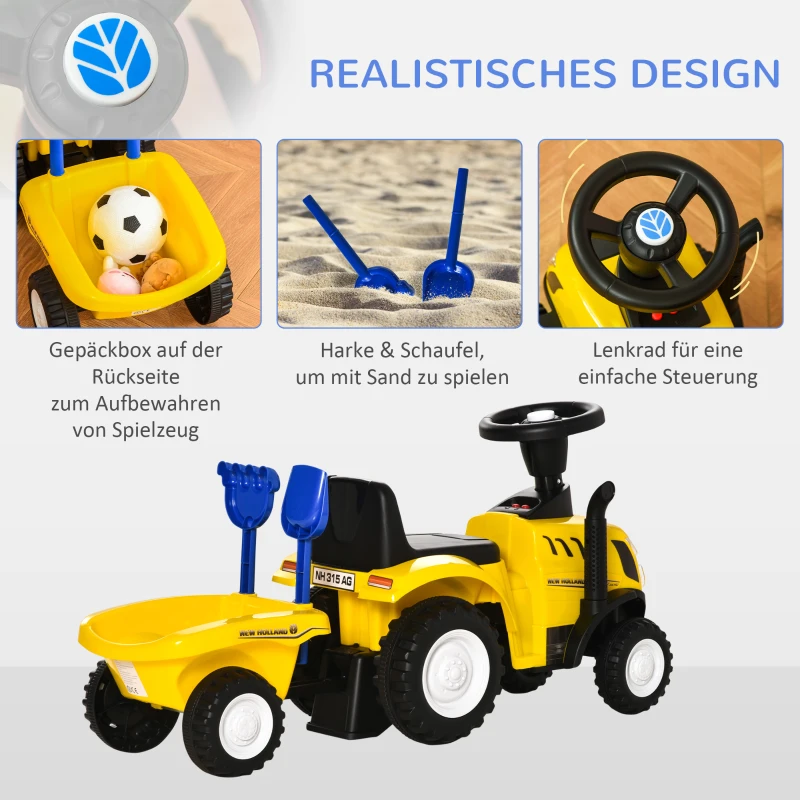 HOMCOM Schuiftractor met aanhanger, claxon, zandspeelgoed, vanaf 1 jaar, kunststof+metaal, geel, 91 x 29 x 44 cm