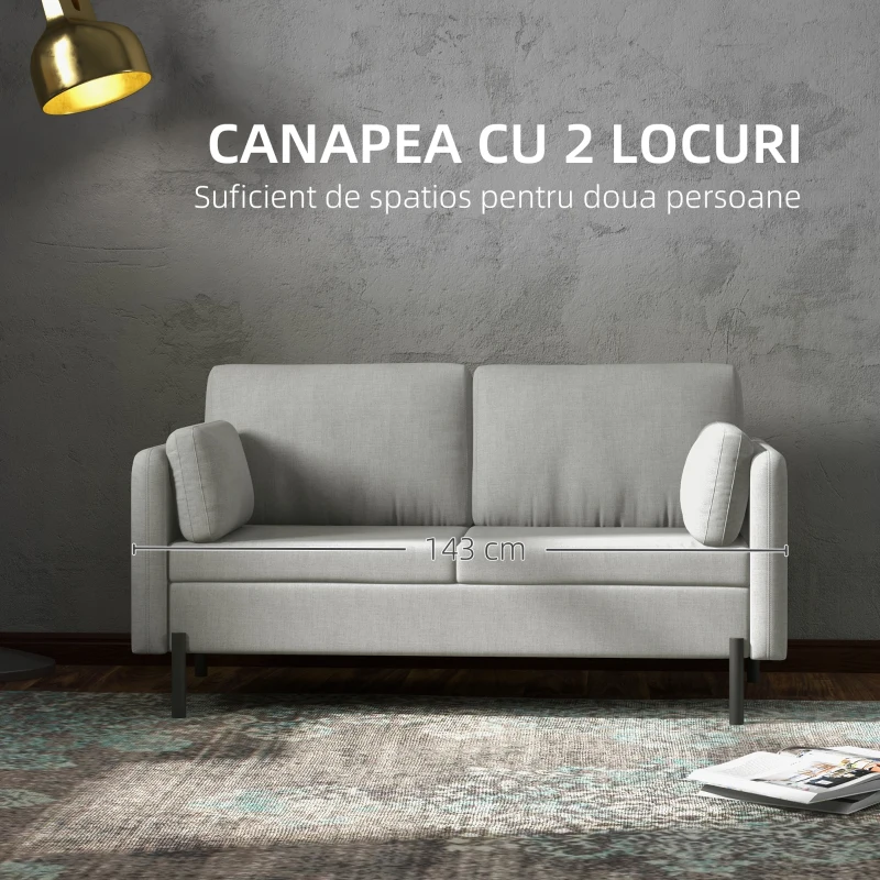 HOMCOM Canapele cu 2 Locuri pentru Camera de Zi, Canapea Mica, Canapea Tapitata cu 2 Buzunare Laterale, Gri Deschis