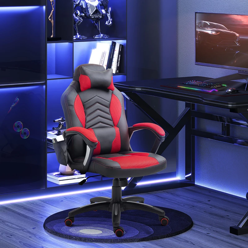 HOMCOM Cadeira de Escritório com 6 Pontos de Massagem e Aquecimento Cadeira Gaming Ergonómica 68x69x108-117 cm Preto e Vermelho
