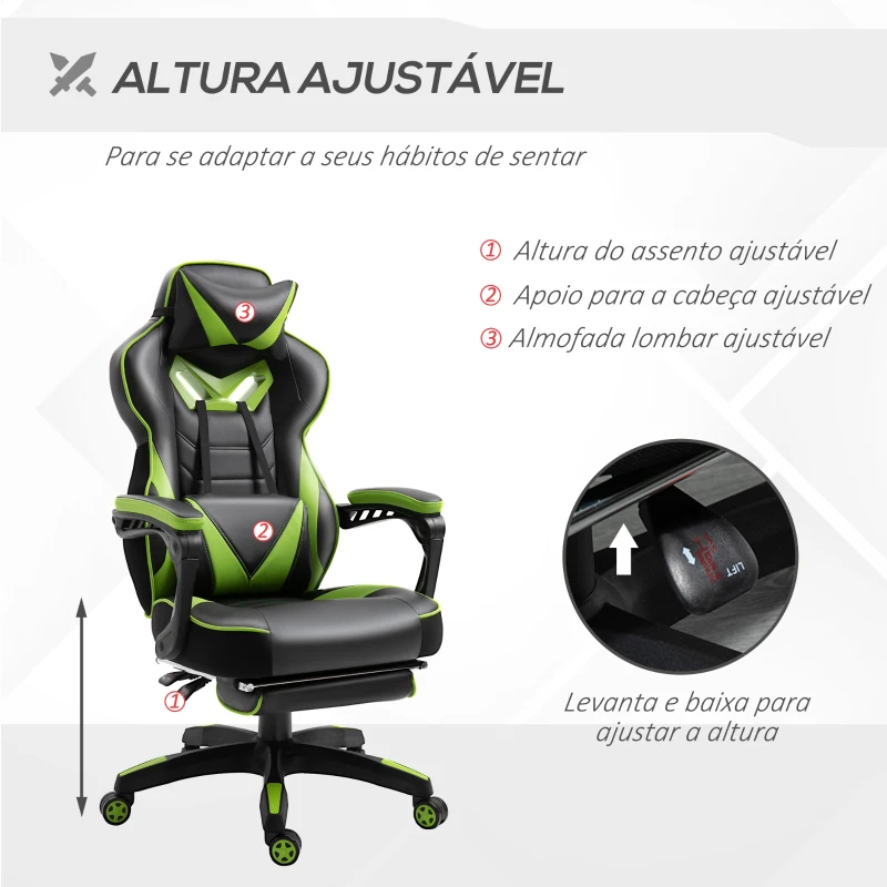 Vinsetto Cadeira de escritorio gaming ergonômica Altura Ajustável reclinável com apoio para pés Verde e Preto