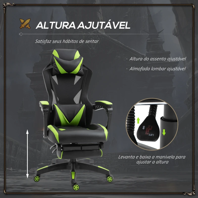 Vinsetto Cadeira Gaming Ergonómica Cadeira Gaming para Escritório com Altura Ajustável Encosto Regulável Almofada Lombar Apoio para os Pés Retráteis 65x70x117-125cm Verde