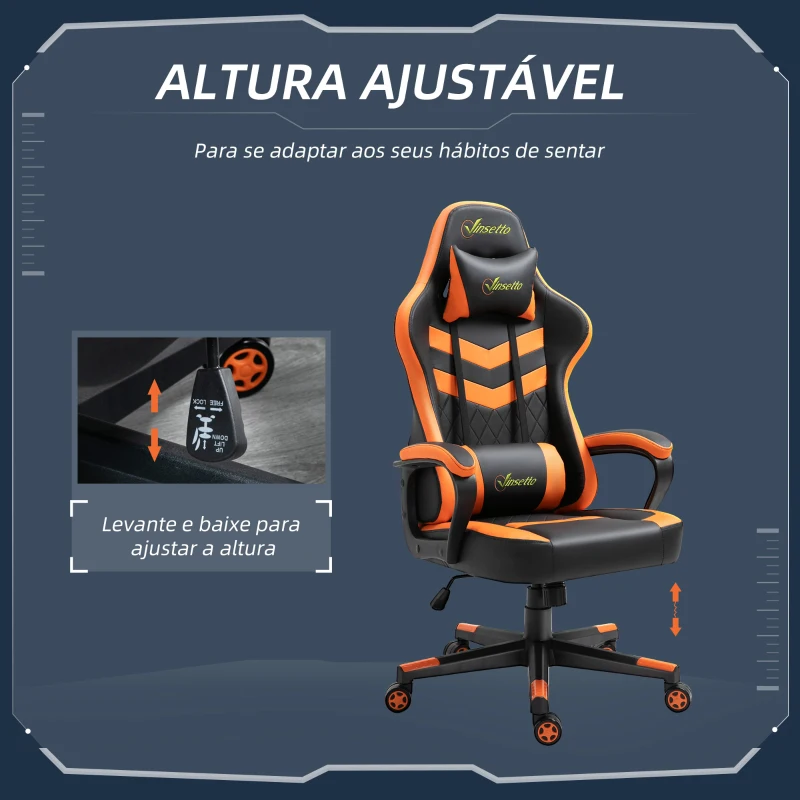 Vinsetto Cadeira Gaming Cadeira de Escritório Ergonómica com Altura Regulável Basculante Apoio de Cabeça 61x70x121-129 cm Laranja