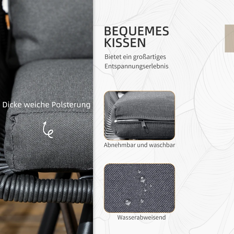 Outsunny Gartenmöbelset, 5-tlg., 2 x Sitzbank, 2 x Hocker, 1 x Tisch, Sitzkissen, Stahlrahmen, Kunstrattan, schwarz