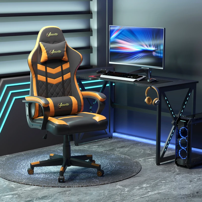 Vinsetto Cadeira Gaming Cadeira de Escritório Ergonómica com Altura Regulável Basculante Apoio de Cabeça 61x70x121-129 cm Laranja