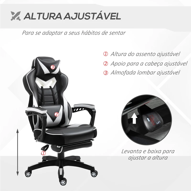 Vinsetto Cadeira de escritorio gaming ergonômica Altura ajustável Reclinável Encosto com apoio para pés 65x70x118,5-126,5 cm Branco e Preto
