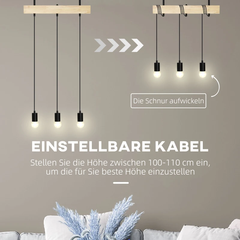 HOMCOM Hanglamp, 3-Lichtbronnen, Hoogteverstelbaar, Industrieel Design, Metaal+Hout, Zwart