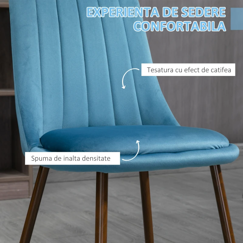 HOMCOM Set de 4 Scaune de Masa, Scaune de Bucatarie Moderne cu Tapiterie de Catifea, Spatar Curbat si Picioare de Otel pentru Camera de Zi, Dormitor, Albastru