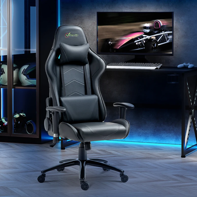 Vinsetto Cadeira de Gaming Ergonômica Giratória com Altura Ajustável Apoio para os Braços Apoio para a Cabeça e Almofada Lombar Couro Sintético 73x71x128-136cm Preto