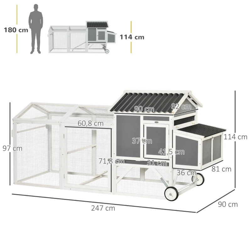 PawHut Hühnerstall Hühnerhaus mit Nistkasten Hühnervoliere mit Rädern und Griff Gehege Geflügelstall winterfest Tannenholz kunststoff Grau+Weiß 247 x 90 x 114 cm