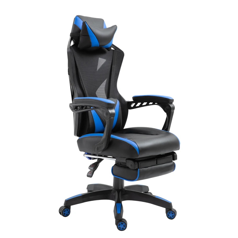 Vinsetto Cadeira Gaming Ergonómica Cadeira Gaming para Escritório com Altura Ajustável Encosto Regulável Almofada Lombar Apoio para os Pés Retráteis 65x70x117-125cm Azul