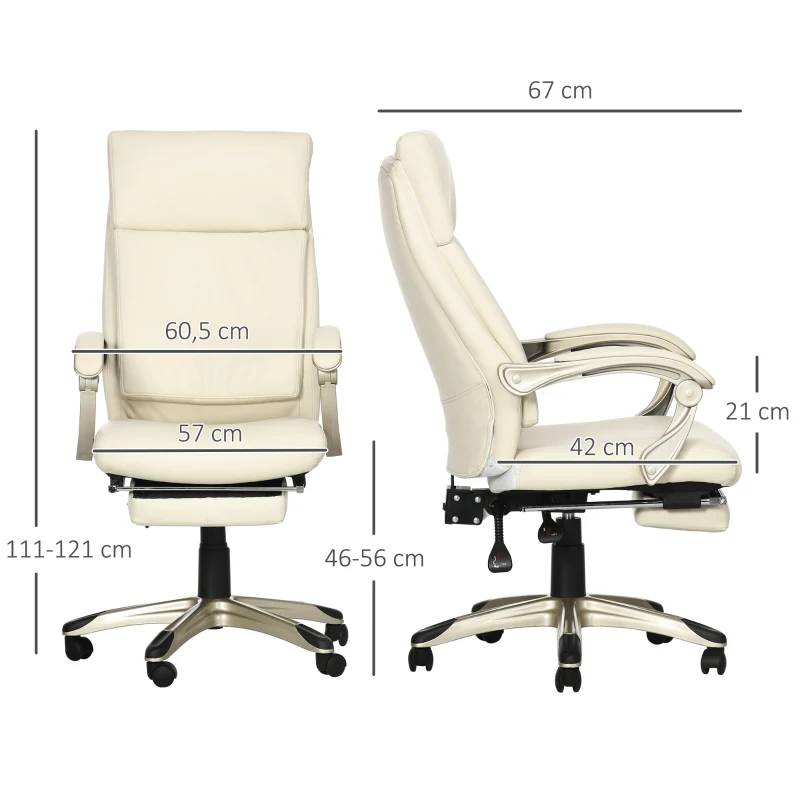 Vinsetto Cadeira de Escritório Reclinável Estofada em PU com Altura Ajustável e Apoio para os Pés Retrátil 60,5x67x111-121cm Branco
