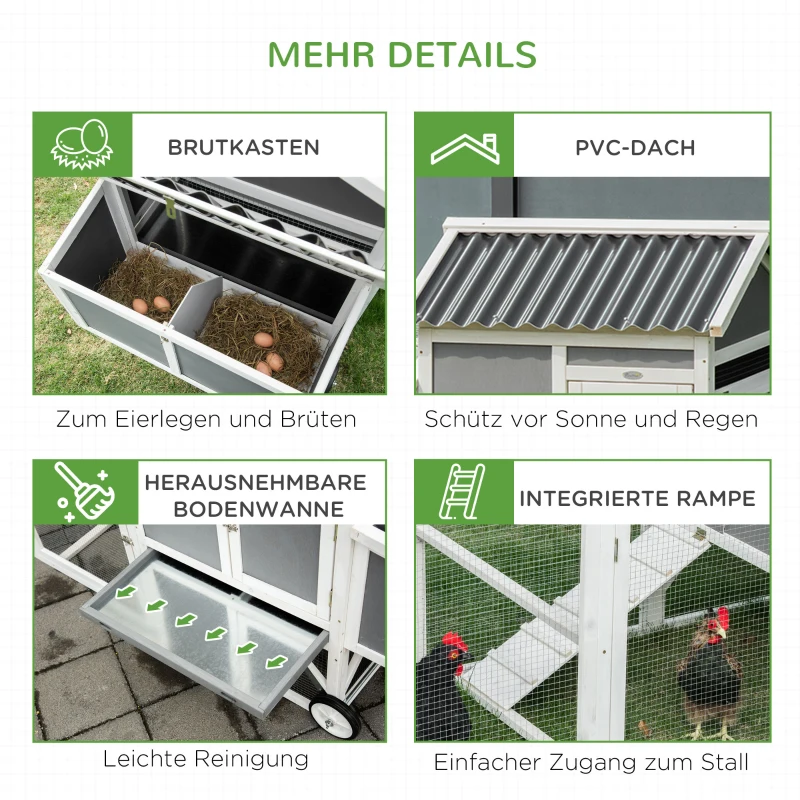 PawHut Hühnerstall Hühnerhaus mit Nistkasten Hühnervoliere mit Rädern und Griff Gehege Geflügelstall winterfest Tannenholz kunststoff Grau+Weiß 247 x 90 x 114 cm