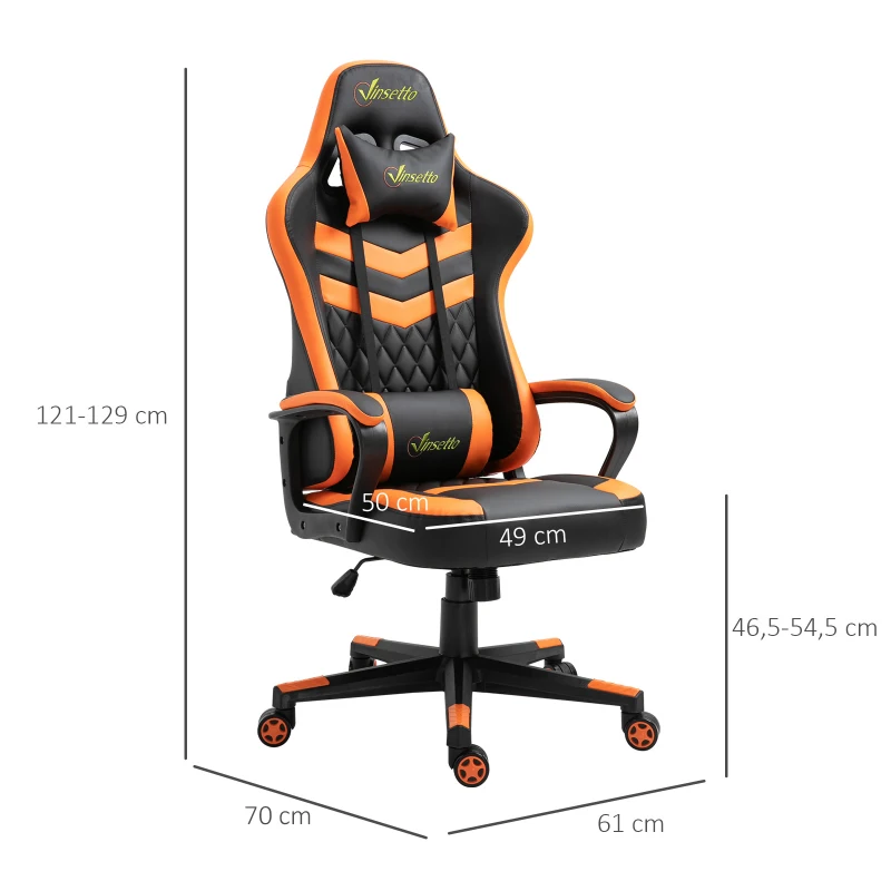 Vinsetto Cadeira Gaming Cadeira de Escritório Ergonómica com Altura Regulável Basculante Apoio de Cabeça 61x70x121-129 cm Laranja