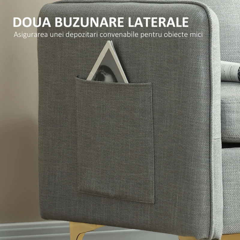 HOMCOM Fotoliu gri din stofa cu captuseala groasa & buzunare laterale