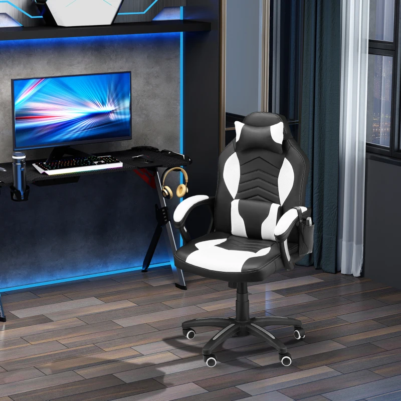 HOMCOM Cadeira de Escritório  inclinavél e Giratória com 6 Pontos de Massagem e Aquecimento - Preto e branco - 68x69x108-117 cm