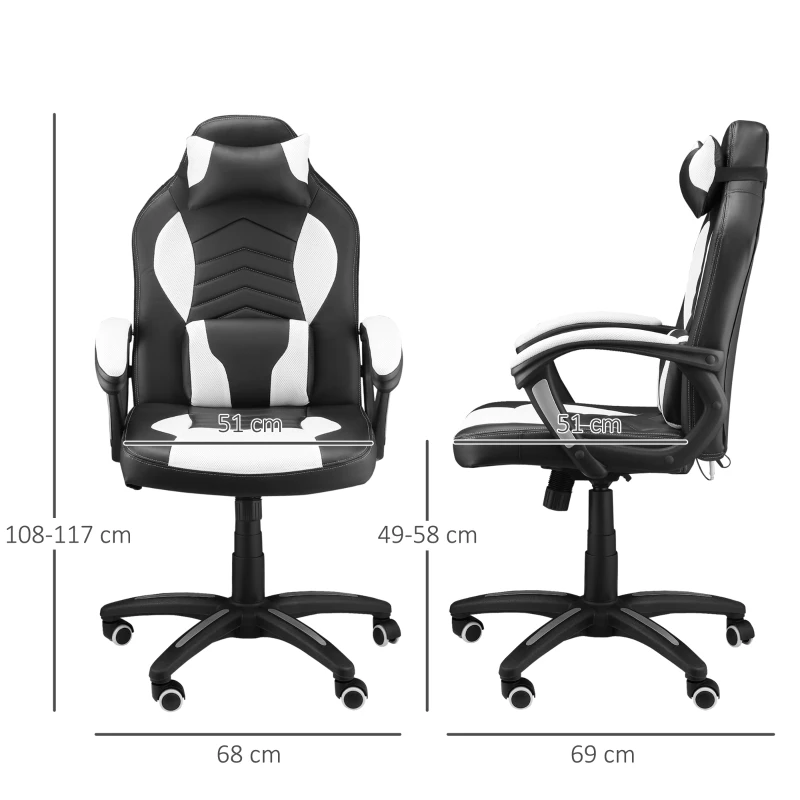 HOMCOM Cadeira de Escritório  inclinavél e Giratória com 6 Pontos de Massagem e Aquecimento - Preto e branco - 68x69x108-117 cm