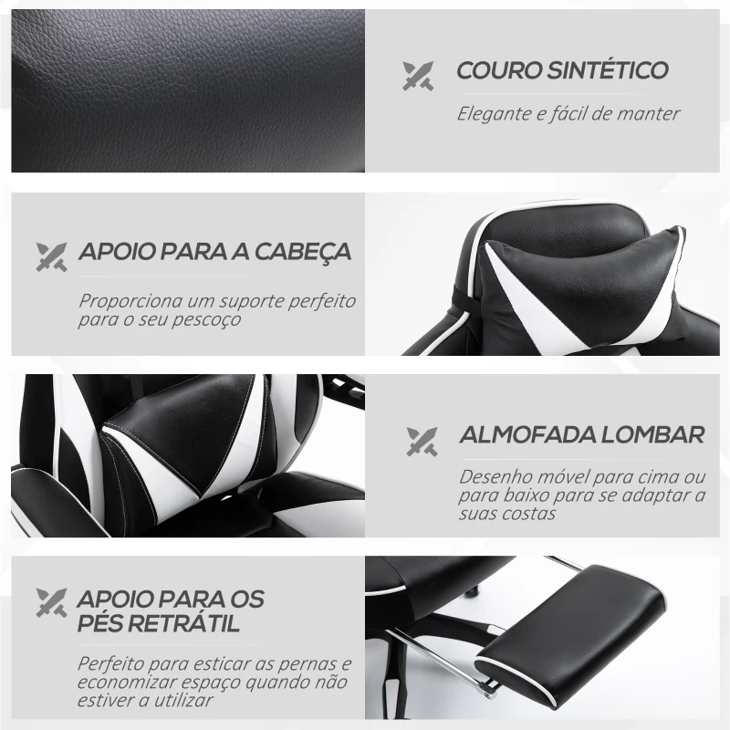 Vinsetto Cadeira de escritorio gaming ergonômica Altura ajustável Reclinável Encosto com apoio para pés 65x70x118,5-126,5 cm Branco e Preto