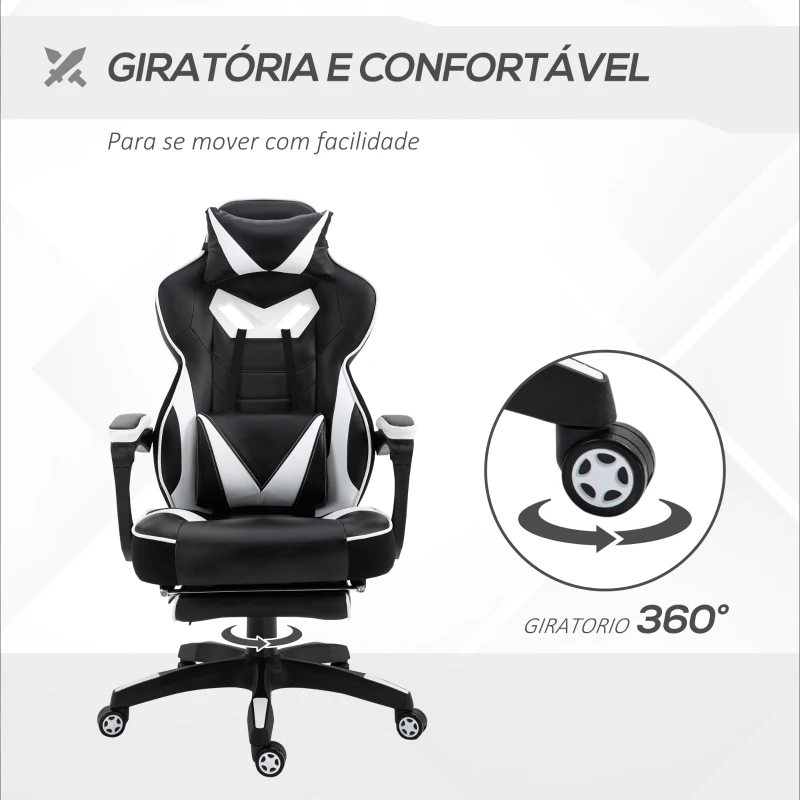 Vinsetto Cadeira de escritorio gaming ergonômica Altura ajustável Reclinável Encosto com apoio para pés 65x70x118,5-126,5 cm Branco e Preto