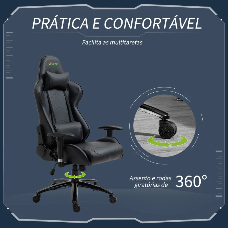 Vinsetto Cadeira de Gaming Ergonômica Giratória com Altura Ajustável Apoio para os Braços Apoio para a Cabeça e Almofada Lombar Couro Sintético 73x71x128-136cm Preto