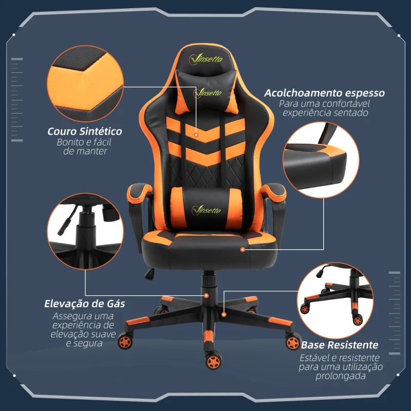 Vinsetto Cadeira Gaming Cadeira de Escritório Ergonómica com Altura Regulável Basculante Apoio de Cabeça 61x70x121-129 cm Laranja