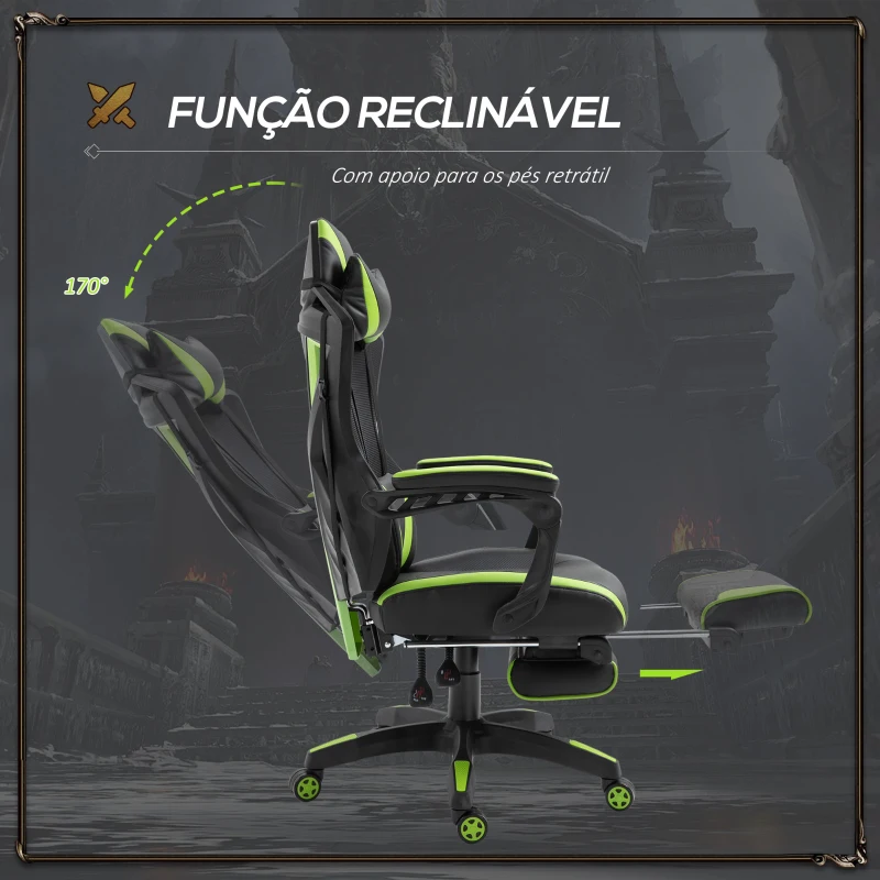 Vinsetto Cadeira Gaming Ergonómica Cadeira Gaming para Escritório com Altura Ajustável Encosto Regulável Almofada Lombar Apoio para os Pés Retráteis 65x70x117-125cm Verde