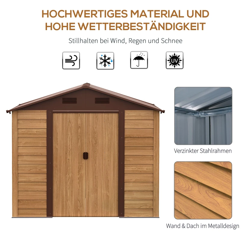 Stalen gereedschapsschuur Outsunny, afsluitbare dubbele deur, ventilatieopeningen, houtlook, stalen behuizing, 1,96 x 2,36 x 2,08 m