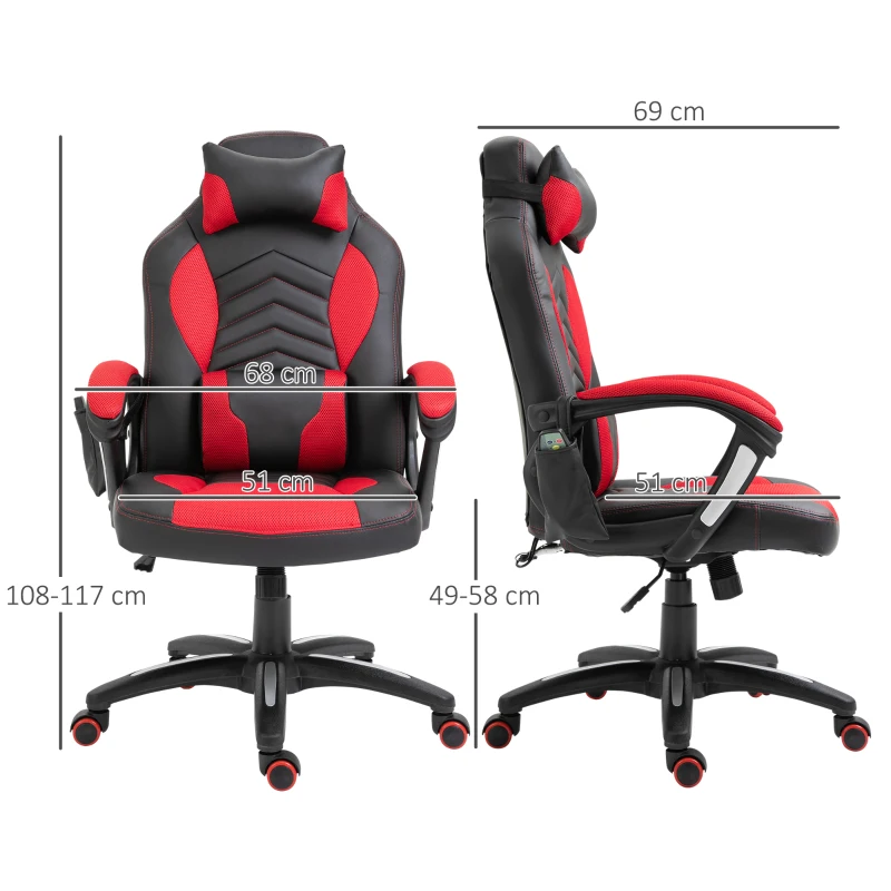 HOMCOM Cadeira de Escritório com 6 Pontos de Massagem e Aquecimento Cadeira Gaming Ergonómica 68x69x108-117 cm Preto e Vermelho
