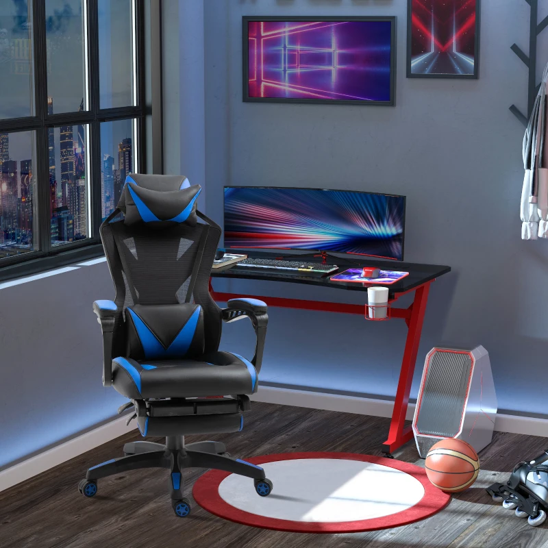 Vinsetto Cadeira Gaming Ergonómica Cadeira Gaming para Escritório com Altura Ajustável Encosto Regulável Almofada Lombar Apoio para os Pés Retráteis 65x70x117-125cm Azul