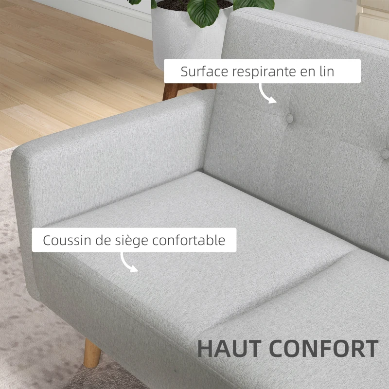 HOMCOM Canapé banquette 2 places style scandinave dossier capitonné en tissu 143 x 84 x 85 cm gris clair