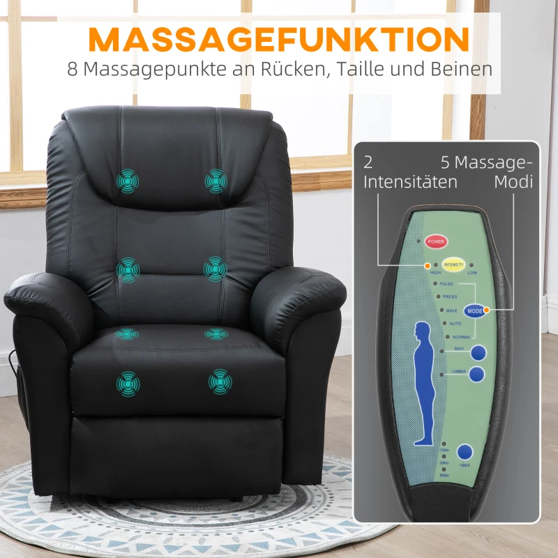 HOMCOM Massagesessel mit Aufstehhilfe, 8 Vibrationsköpfe, 2 Kabelfernbedienungen, Wärmefunktion, 2 Seitentaschen, Schwarz