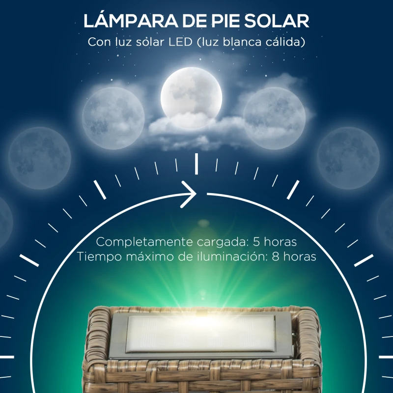 Outsunny Lámpara Solar de Ratán Sintético con Luces LED Encendido/Apagado Automático para Exterior 15,5x15,5x69 cm Arena