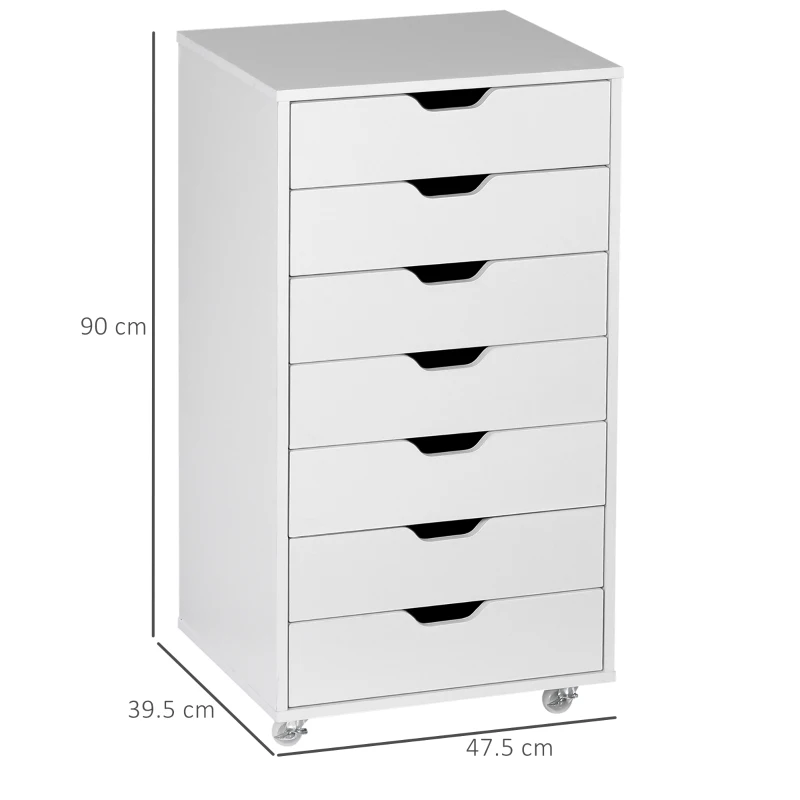 Vinsetto Vertical Filing Cabinet, 7-drawer File Cabinet, Mobile Office Cabinet on Wheels for Study, Home Office, White