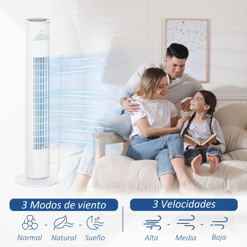 HOMCOM Ventilador de Torre con Mando Temporizador de 10h Oscilación 70° 3 Velocidades y 3 Modos 45W Ø22x77 cm Blanco