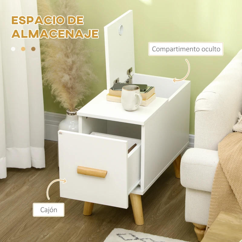 HOMCOM Mesa Auxiliar con Tapa Abatible Cajón y Patas de Madera de Caucho para Salón Dormitorio 60x30x48,5 cm Blanco
