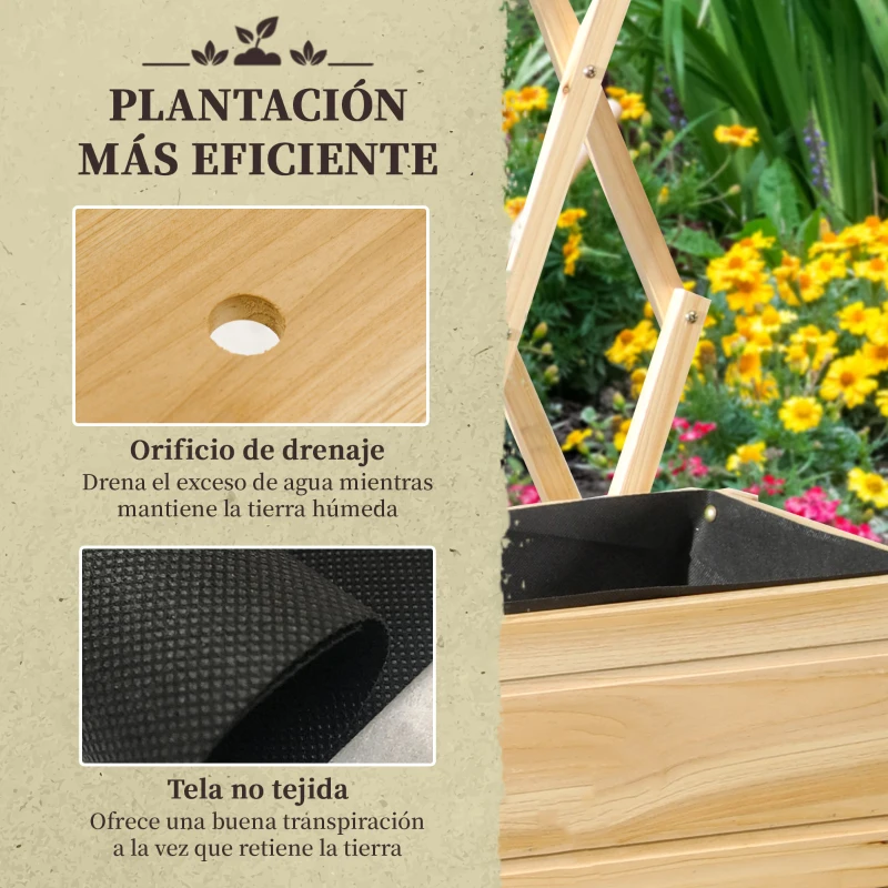 Outsunny Huerto Urbano Elevado de Madera con Celosía para Enredaderas y Ruedas para Plantas Flores 79x29x130 cm Natural