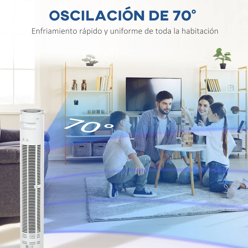 HOMCOM Ventilador de Torre con Mando Temporizador de 10h Oscilación 70° 3 Velocidades y 3 Modos 45W Ø22x77 cm Blanco