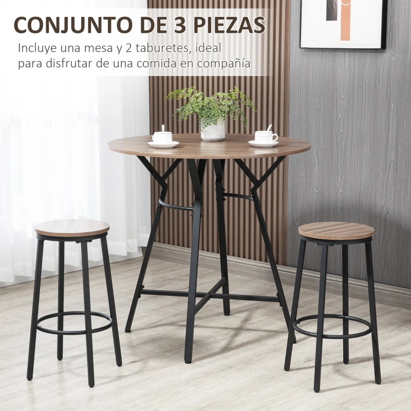 HOMCOM Juego de Mesa Alta y 2 Taburetes de Bar Estilo Industrial para Cocina Salón Ø90x90 cm y Ø40x61,5 cm Madera y Negro
