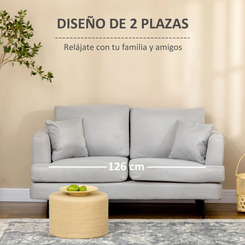 HOMCOM Sofá de 2 Plazas de Estilo Moderno Tapizado en Lino Sintético con 2 Cojines Decorativos 160x87x87 cm Gris Claro