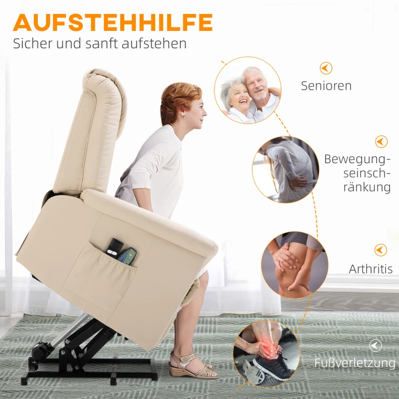 HOMCOM Massagesessel mit Aufstehhilfe, 8 Vibrationsköpfe, 2 Kabelfernbedienungen, 2 Seitentaschen, Creme