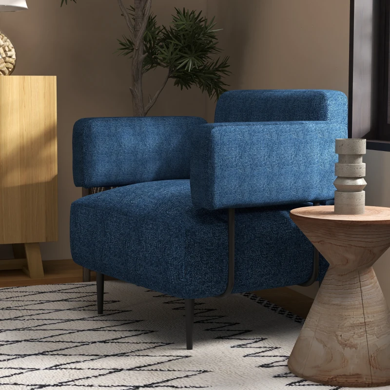 HOMCOM Poltrona Moderna per Casa e Ufficio in Tessuto effetto Lino con Imbottitura, 89x72.5x76 cm, Blu Scuro