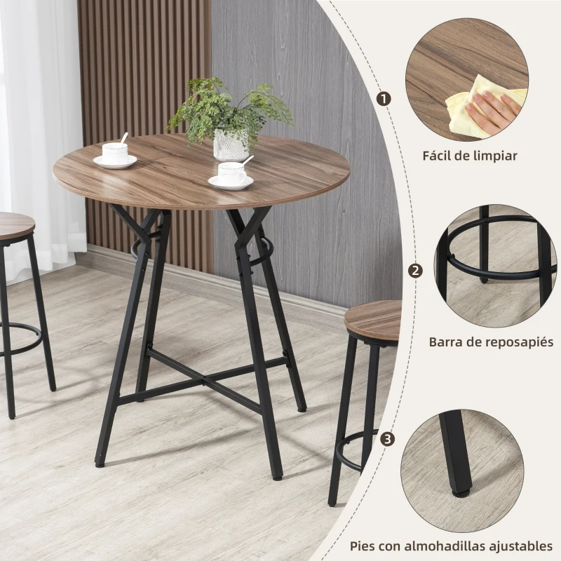 HOMCOM Juego de Mesa Alta y 2 Taburetes de Bar Estilo Industrial para Cocina Salón Ø90x90 cm y Ø40x61,5 cm Madera y Negro