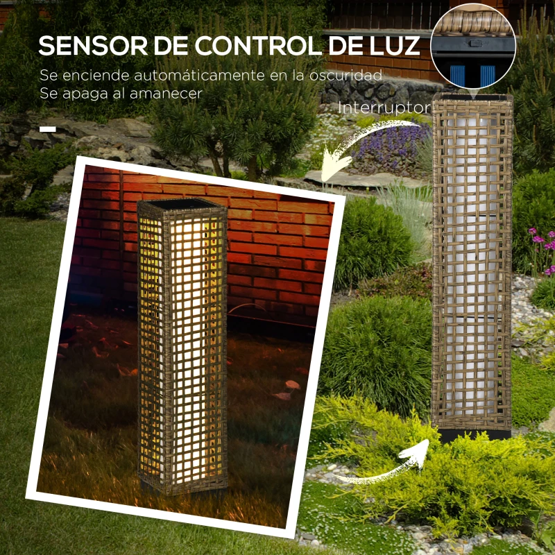 Outsunny Lámpara Solar de Ratán Sintético con Luces LED Encendido/Apagado Automático para Exterior 15,5x15,5x69 cm Arena