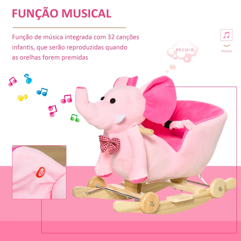 HOMCOM Cavalo Baloiço com Rodas e Forma de Elefante com Músicas Infantis e Cinto de Segurança 60x35x45 cm Rosa