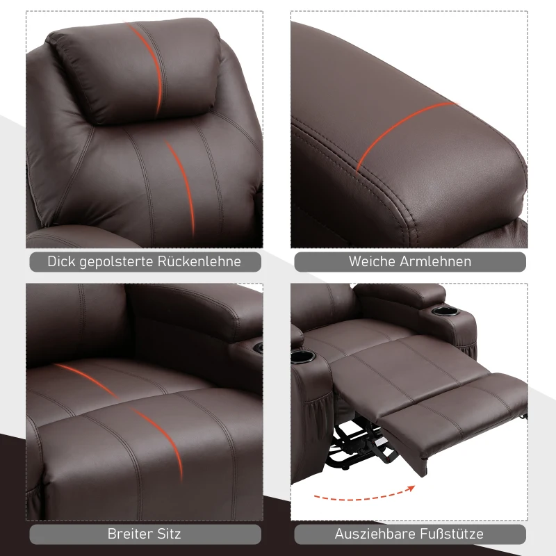 HOMCOM Fotel z pomocą do wstawania, Fotel relaksacyjny, Skóra ekologiczna, Metal, Kolor kawowy-brązowy