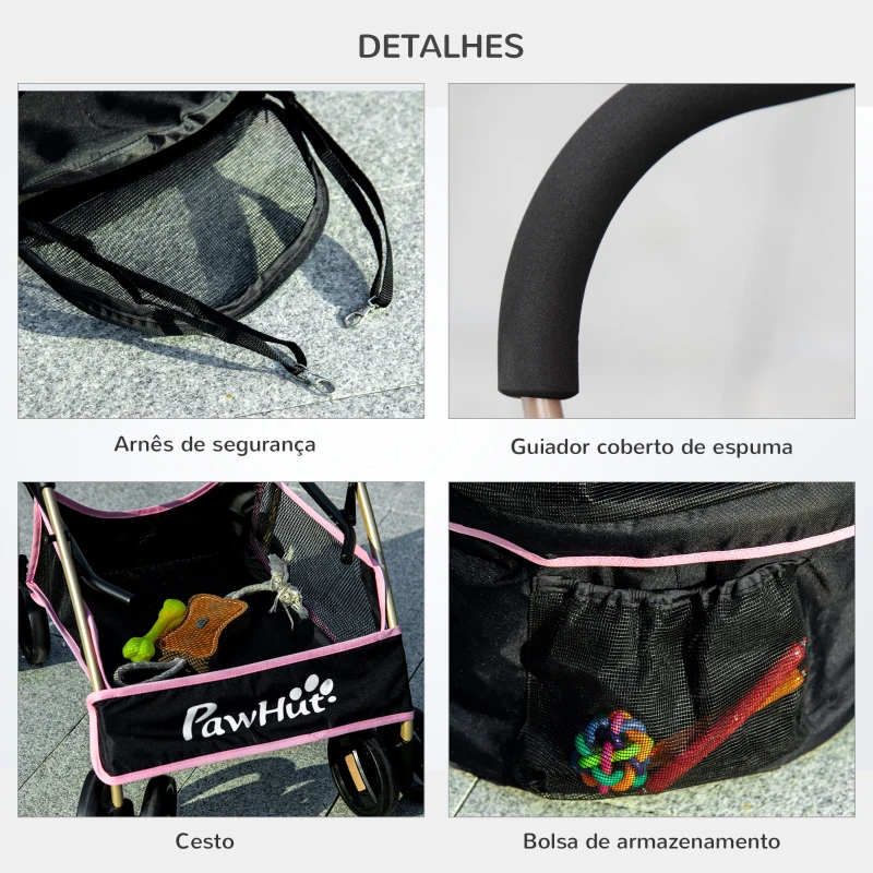 PawHut Carrinho para Animais de Estimação 3 em 1 Dobrável com Bolsa de Transporte Cesta de Armazenamento e Travão 82x49,5x98 cm Rosa