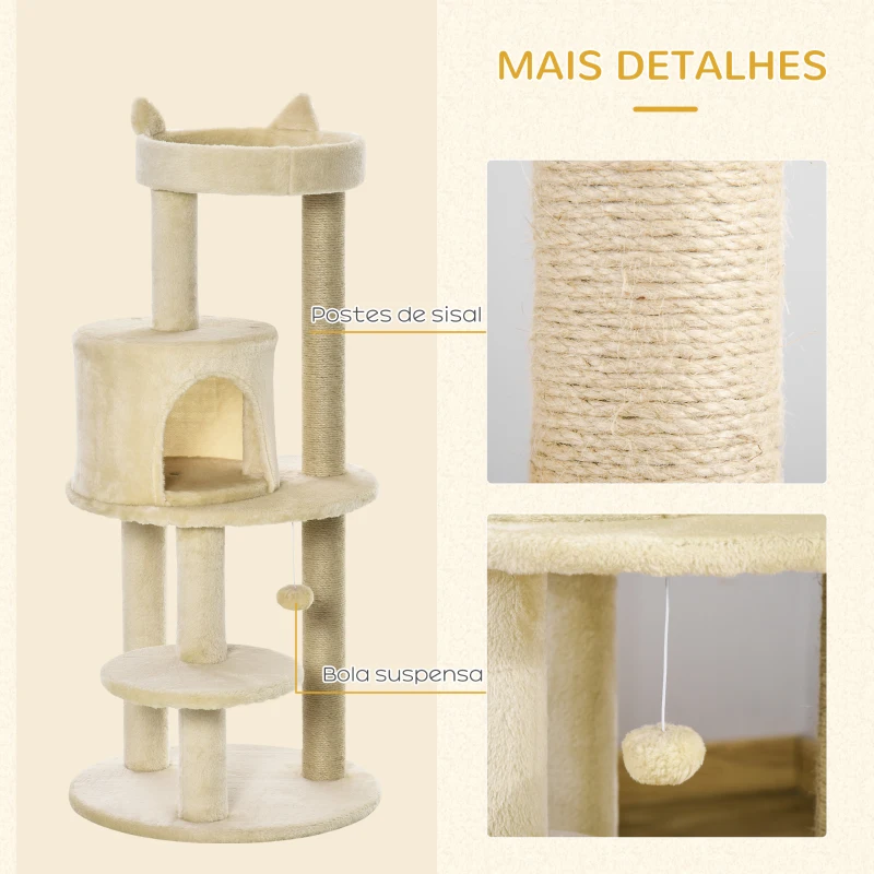PawHut Árvore Arranhador para Gatos com Plataforma Caverna Postes de Sisal e Bola Suspensa 48x48x104 cm Bege